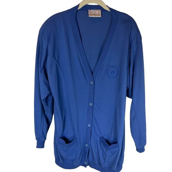 Vintage Beverly Hills Polo Club blue knit button front cardigan shoulder pads - Picture 1 of 5